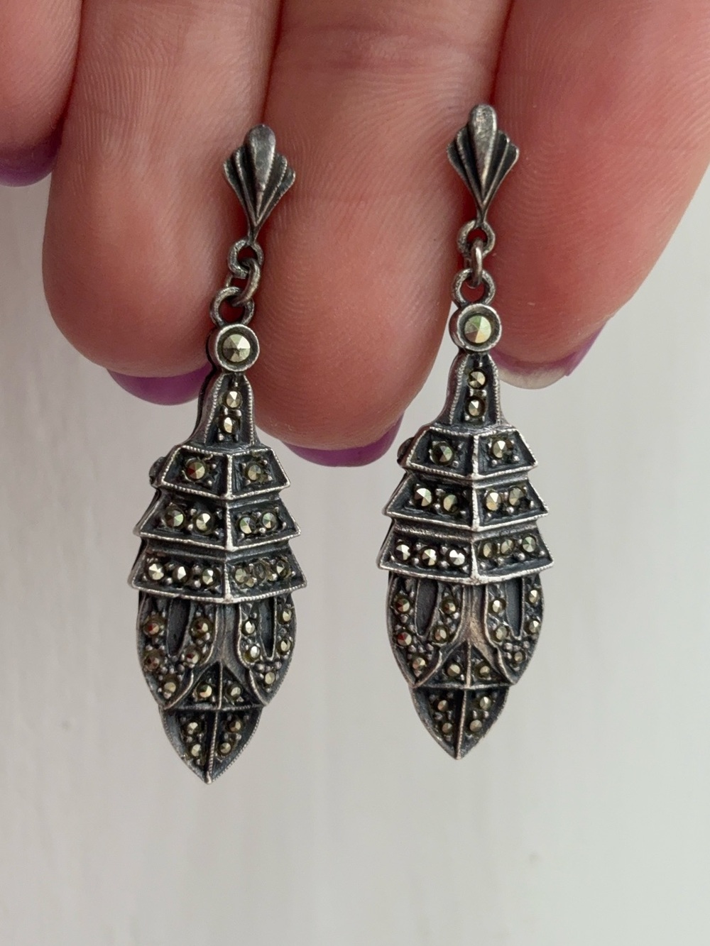 Sterling Silver Art Deco Vintage Marcasite Gemstone Drop Dangle Earrings - Picture 3 of 8